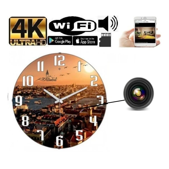 Manzaralı Duvar Saati Gizli Wifi Kamera 4k Canlı Izleme Ve Kayıt