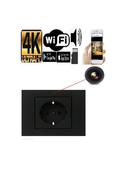 4k Wifi Siyah Duvar Prizi Gizli Kamera 7/24 Canlı Izleme Kayıt