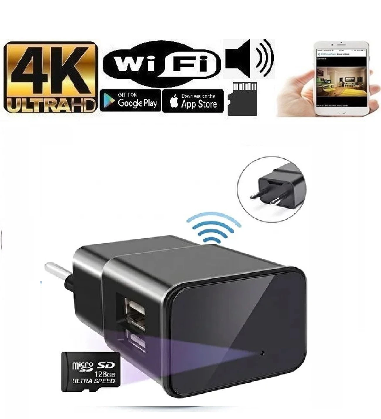 Şarj Adaptörü Wifi Gizli Kamera uzaktan izleme Kayıt